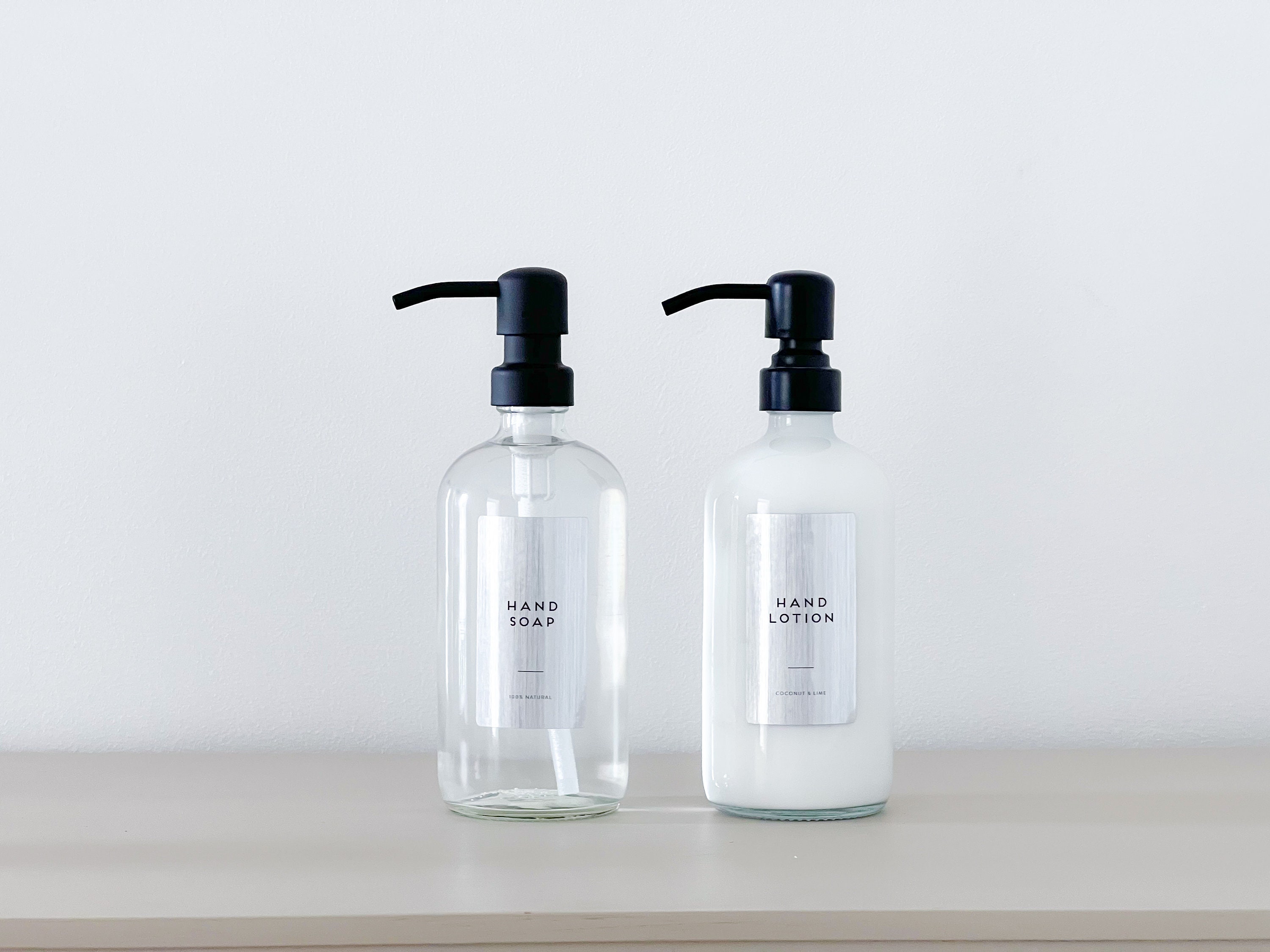 Glass Soap Bottle with Black Pumps 250ml /  500ml Reusable Organise Your Bathroom - Minimal style with Custom Waterproof Label