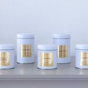 White Spice Tin Jars  with personalised Labels - set of 6 - Home organisation spice jars