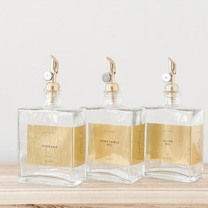 Glass Olive Oil Book Bottles for Kitchen 200ml and 500ml - Cruet with personalised Gold labels - Choice of Weighted Pourer