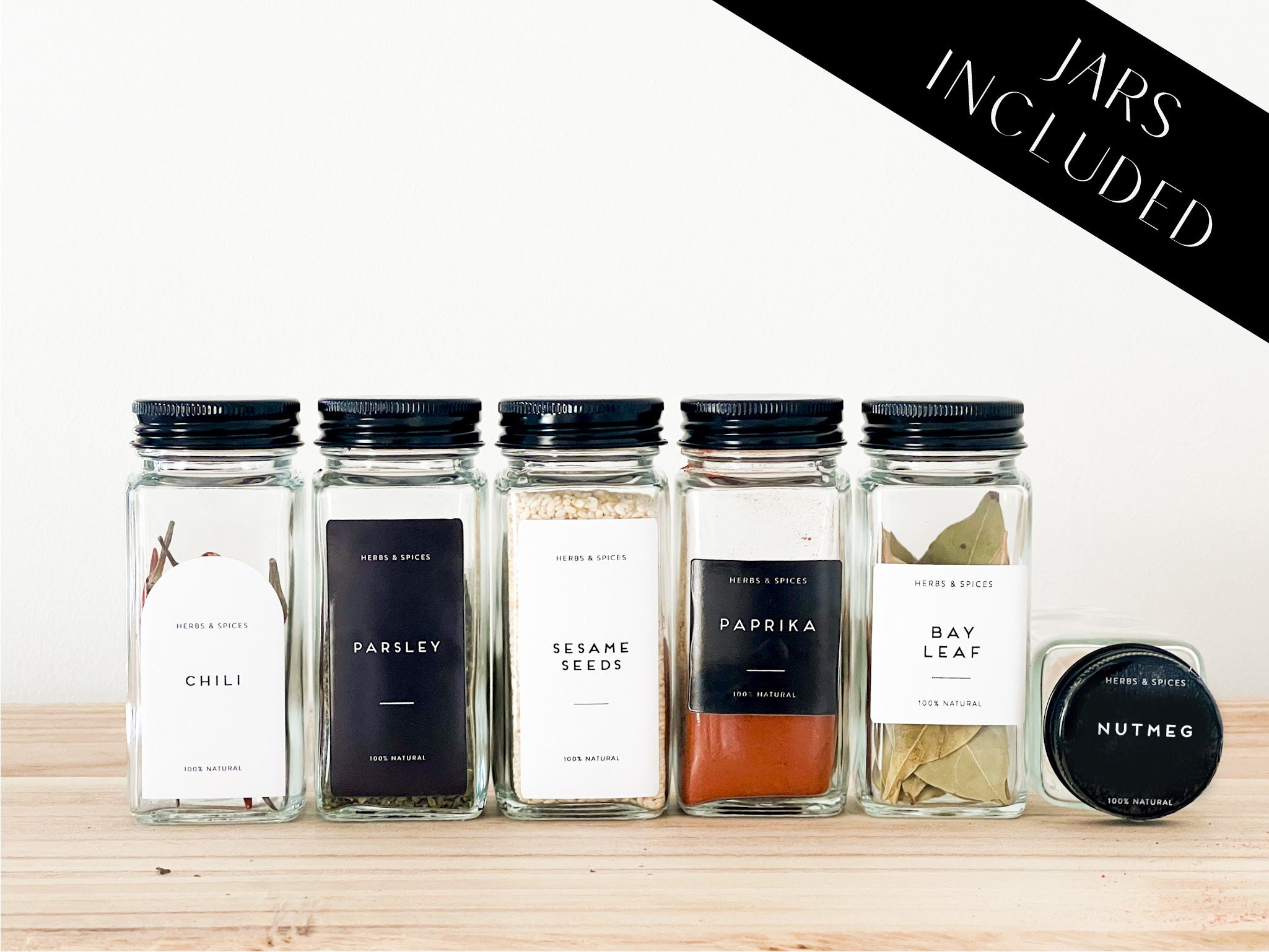 Labelled Square Spice Jars with Shaker Inside Tops and Black Lids - set of 6 - Home organisation - waterproof  black labels