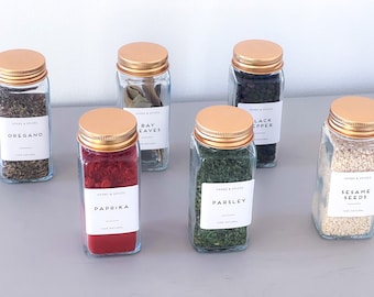 Labelled Square Spice Jars With Shaker Inside Tops and Gold Lids