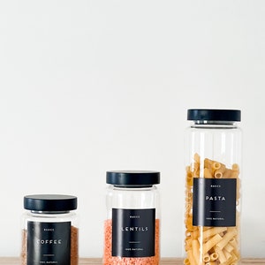 Glass Pantry Jars with Black Wooden Lids and Personalised Waterproof Black Labels kitchen jars zdjęcie 4