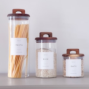 Glass Pantry Jars with Wooden Acacia Lids an matching spice jars with Personalised Waterproof Labels
