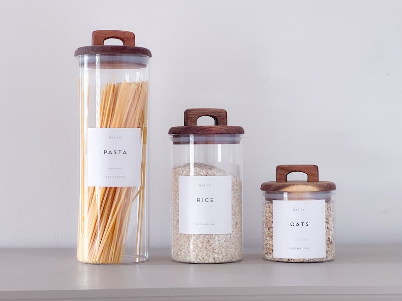 Glass Pantry Jars with Wooden Acacia Lids an matching spice jars with Personalised Waterproof Labels image 1