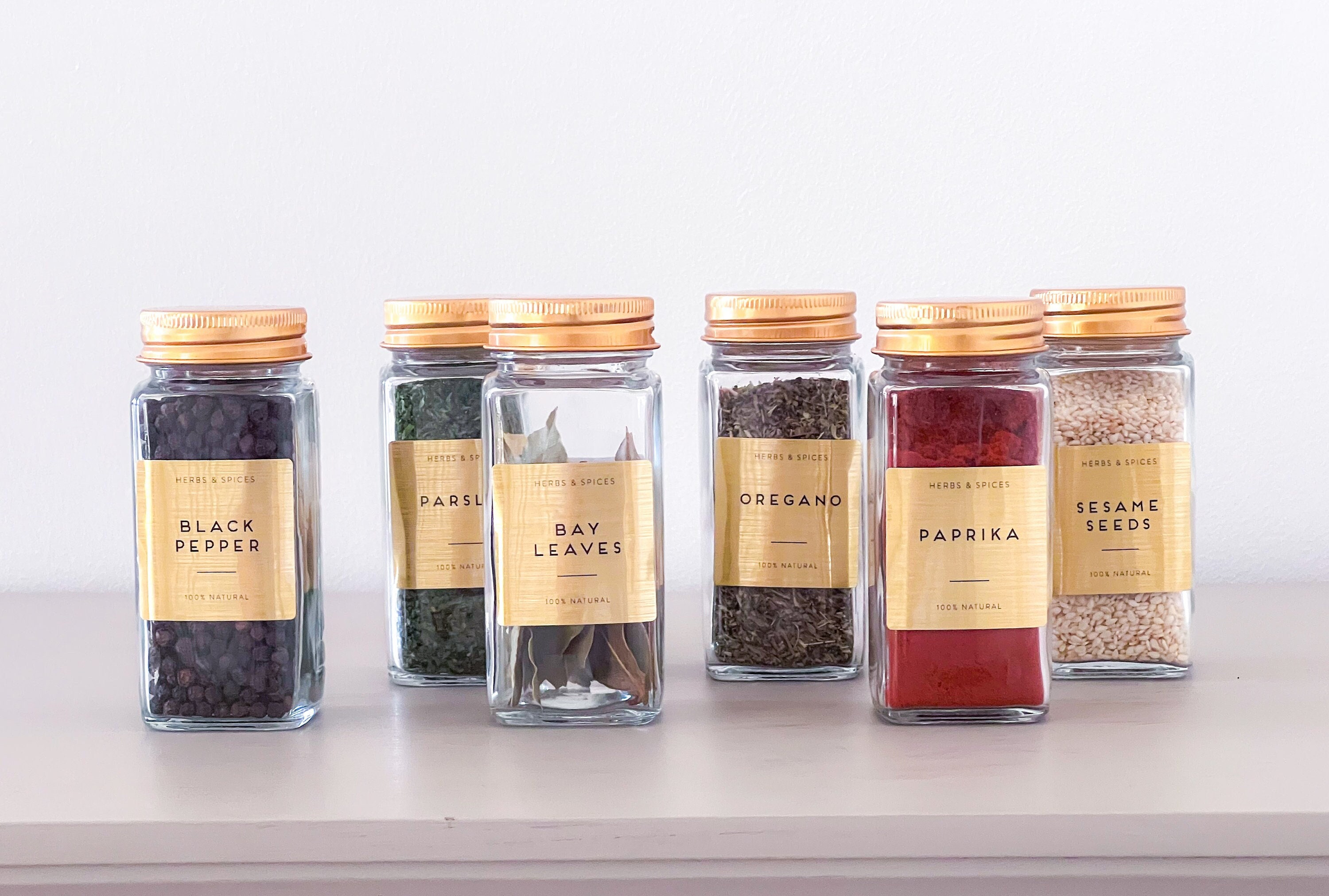 Labelled Square Spice Jars With Shaker Inside Tops and Gold Lids