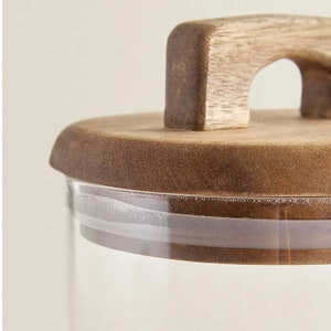 Glass Pantry Jars with Wooden Acacia Lids an matching spice jars with Personalised Waterproof Labels image 4