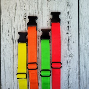 Peut inclure: Quatre colliers pour chiens aux couleurs vives : jaune, orange, vert et rouge, chacun avec une boucle en plastique noir et une boucle noire assortie. Les colliers sont disposés verticalement sur un fond en bois blanc vieilli.