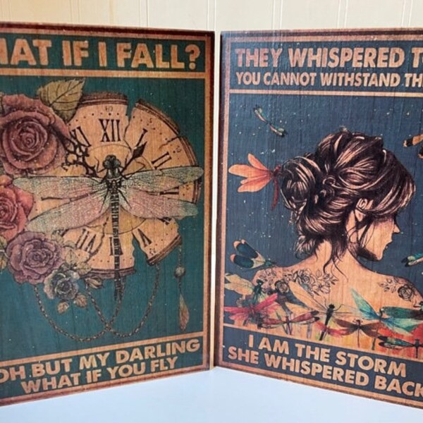 I Am The Storm and What If You Fly Vintage Gypsy Hippie Girl Dragonfly Set of (2) Real Wood Signs. Quote Signs Wall Art Décor. 2 Sizes