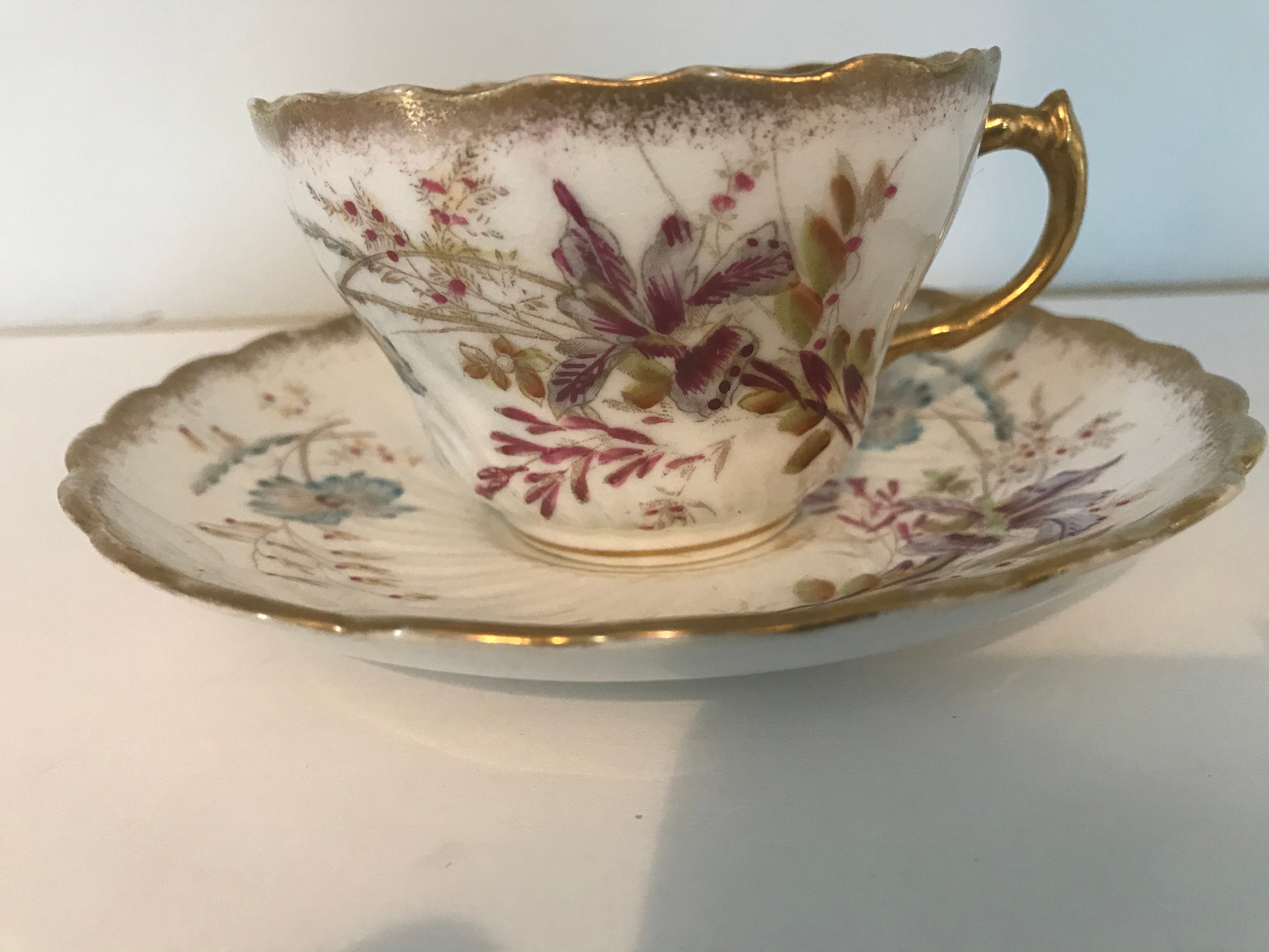 Beautiful Floral Teacup and Saucer With Purple and Blue Flowers and