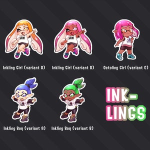May include: Five cartoon character stickers featuring different variations of an Inkling and Octoling. The characters are wearing white shirts with the text "INK-LINGS" on them. The characters are in various poses and have different colored hair and skin.
