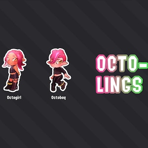 May include: Two cartoon characters, one female and one male, with pink hair and black clothing. The characters are labeled "Octogirl" and "Octoboy". The text "OCTO-LINGS" is in a large font with a pink, white, and green gradient.