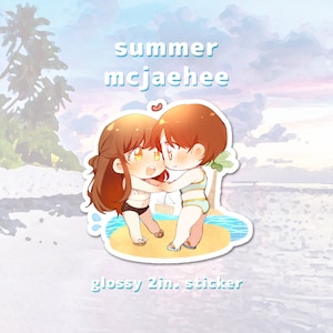 May include: Glossy 2 inch sticker featuring two cartoon girls hugging on a beach with the text "summer mcjaehee" above them.