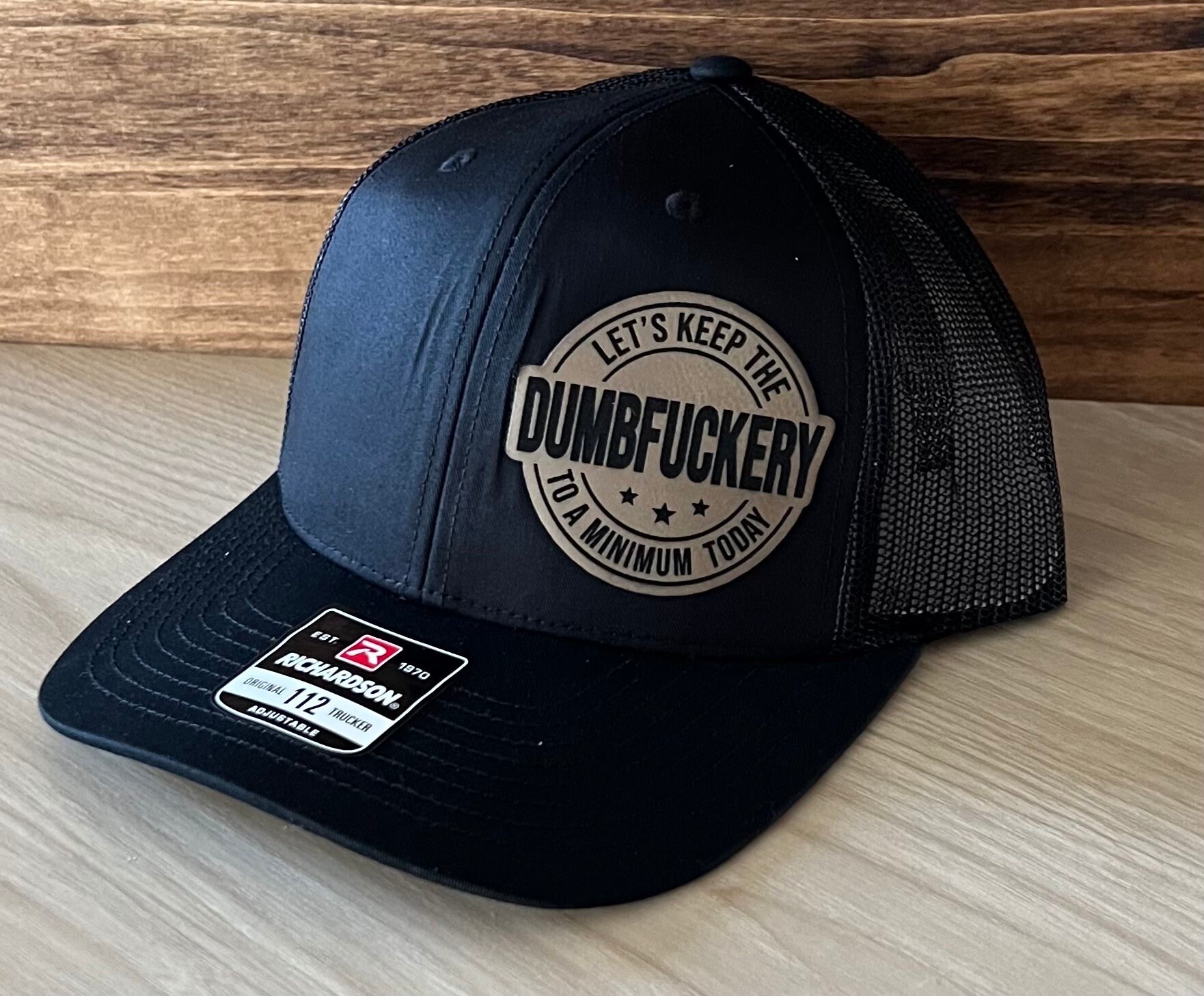 New Custom Designed Black Distressed Black Baseball Cap with Dumbfuckery Patch Dumbfuckery Leather Patch Hat: Mature Adult Trucker Cap - Etsy main image 3