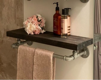 Floating Towel Bar Shelf | Bathroom Floating Shelves | Pipe Shelves | Industrial Pipe Shelves | Farmhouse Towel Shelf | Wood Shelves |