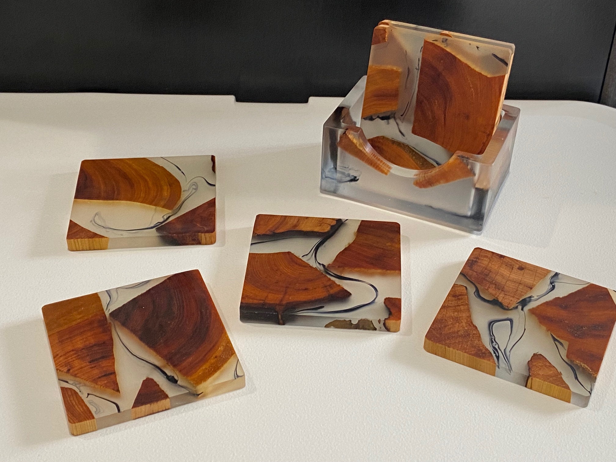 QUICK SHIP Handcrafted Wooden Coasters Epoxy and Cedar Drink Coasters Set  of 4 or 6 Holder Resin Natural Wood Coaster 