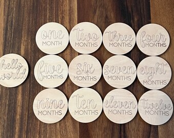 QUICK SHIP Monthly Milestone Marker for Baby | Baby Milestone Engraved | Hello World | Baby Gift | Baby Shower | Boho | Milestone Disc