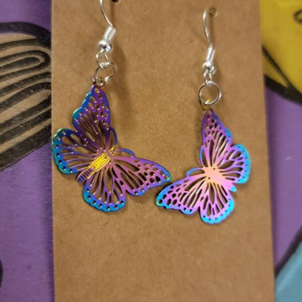 Fly With Me In Colorful Beauty Butterfly Earrings - rainbow holographic flutter pride self love shiny