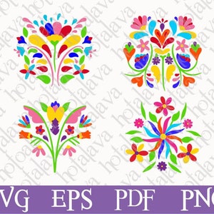 May include: Four colorful floral designs in a folk art style. Each design features a symmetrical arrangement of flowers, leaves, and other decorative elements in bright colors like red, blue, yellow, and green. The image also includes the text "SVG EPS PDF PNG".