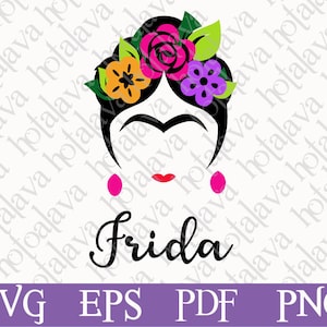 Puede incluir: Silueta en blanco y negro de Frida Kahlo con una corona floral colorida y la palabra "Frida" escrita debajo.