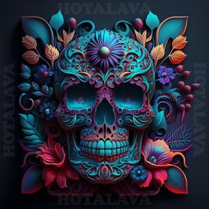 crâne de sucre, Look floral, Dia de Muertos mexicain, Art numérique, téléchargement numérique, Sugar Skull