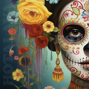 bunter Zuckerschädel, Dia de Muertos, Mexikanischer Dia de Muertos, digitale Kunst, digitaler Download, Frida Kahlo, September, Monat des Kulturerbes