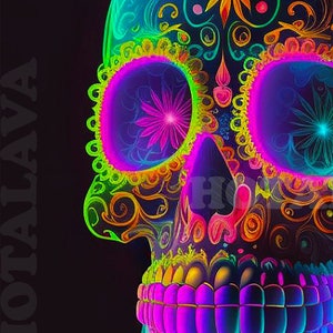 Look néon, crâne en sucre, Dia de Muertos mexicain, art numérique, téléchargement numérique, crâne en sucre