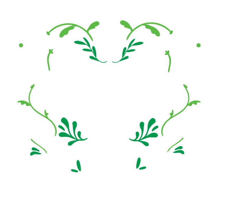 May include: A symmetrical design of green leafy vines with a decorative flourish at the top and bottom.