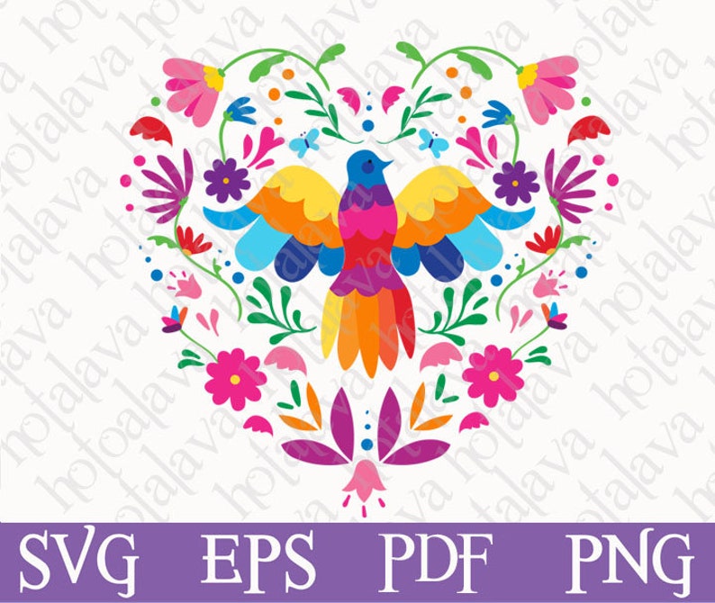 May include: A colorful heart-shaped design with a bird in the center. The bird is surrounded by flowers and leaves in shades of pink, purple, blue, green, yellow, and orange. The design is reminiscent of traditional Mexican folk art.