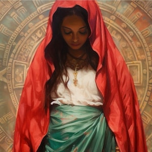 Femme en robe mexicaine et couleurs avec calendrier aztèque derrière, Mois de l'indépendance du Mexique, Art numérique, téléchargement numérique, Dia de Independencia