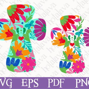 May include: Two colorful crosses with a floral design in shades of pink, red, orange, yellow, green, and blue. The crosses are on a white background.