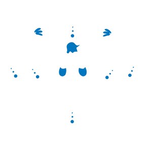May include: A blue abstract design with a central shape resembling a crown, surrounded by smaller circles and curved lines.