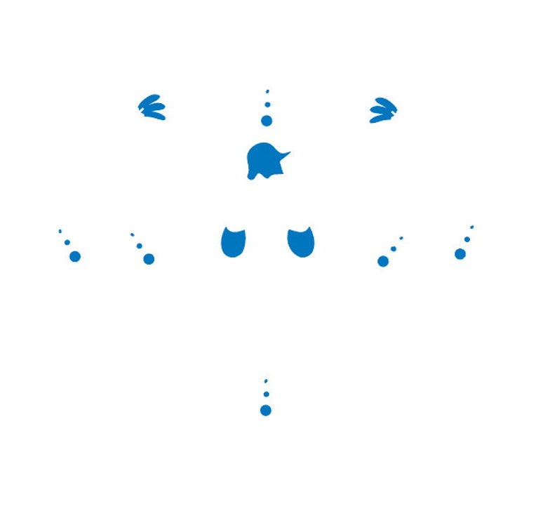 May include: A blue abstract design with a central shape resembling a crown, surrounded by smaller circles and curved lines.