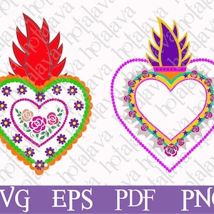 May include: Two colorful heart-shaped designs with flames on top. The hearts are decorated with flowers, stars, and beads. The flames are red and purple. The hearts are outlined in green and orange.
