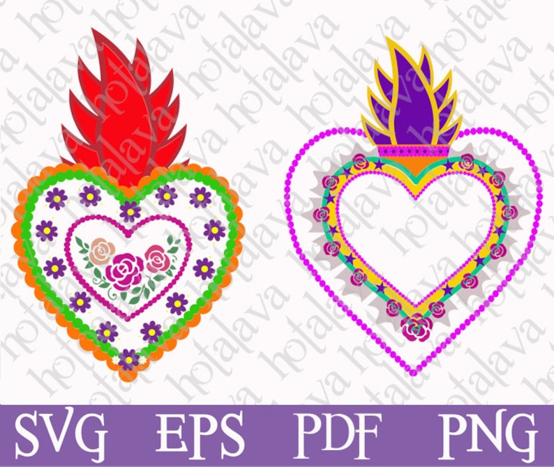 May include: Two colorful heart-shaped designs with flames on top. The hearts are decorated with flowers, stars, and beads. The flames are red and purple. The hearts are outlined in green and orange.