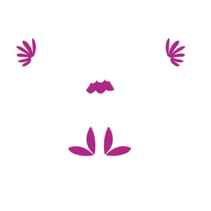 May include: A pink floral design with a stylized flower in the center and two smaller flowers on either side.