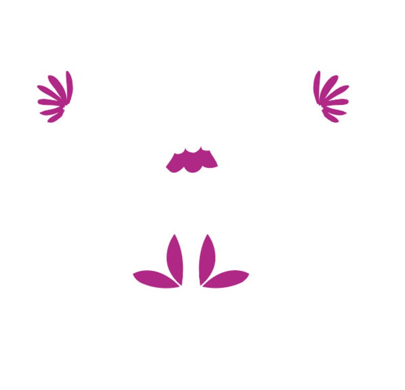 May include: A pink floral design with a stylized flower in the center and two smaller flowers on either side.