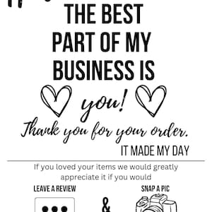 May include: A black and white graphic with the words "Hello" and "The Best Part of My Business Is You!" along with a thank you message and icons for leaving a review and sharing a photo.