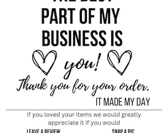 Könnte beinhalten: Schwarz-weiße Grafik mit den Worten "Hello" und "The Best Part of My Business Is You!" zusammen mit einer Dankesbotschaft und Symbolen zum Hinterlassen einer Bewertung und zum Teilen eines Fotos.