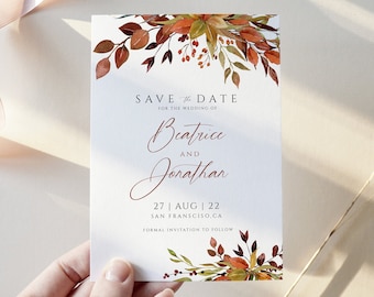 Editable INSTANT DOWNLOAD Burnt orange flowers Save The Date Rust and green save the date W46 Fall floral Save the Date template