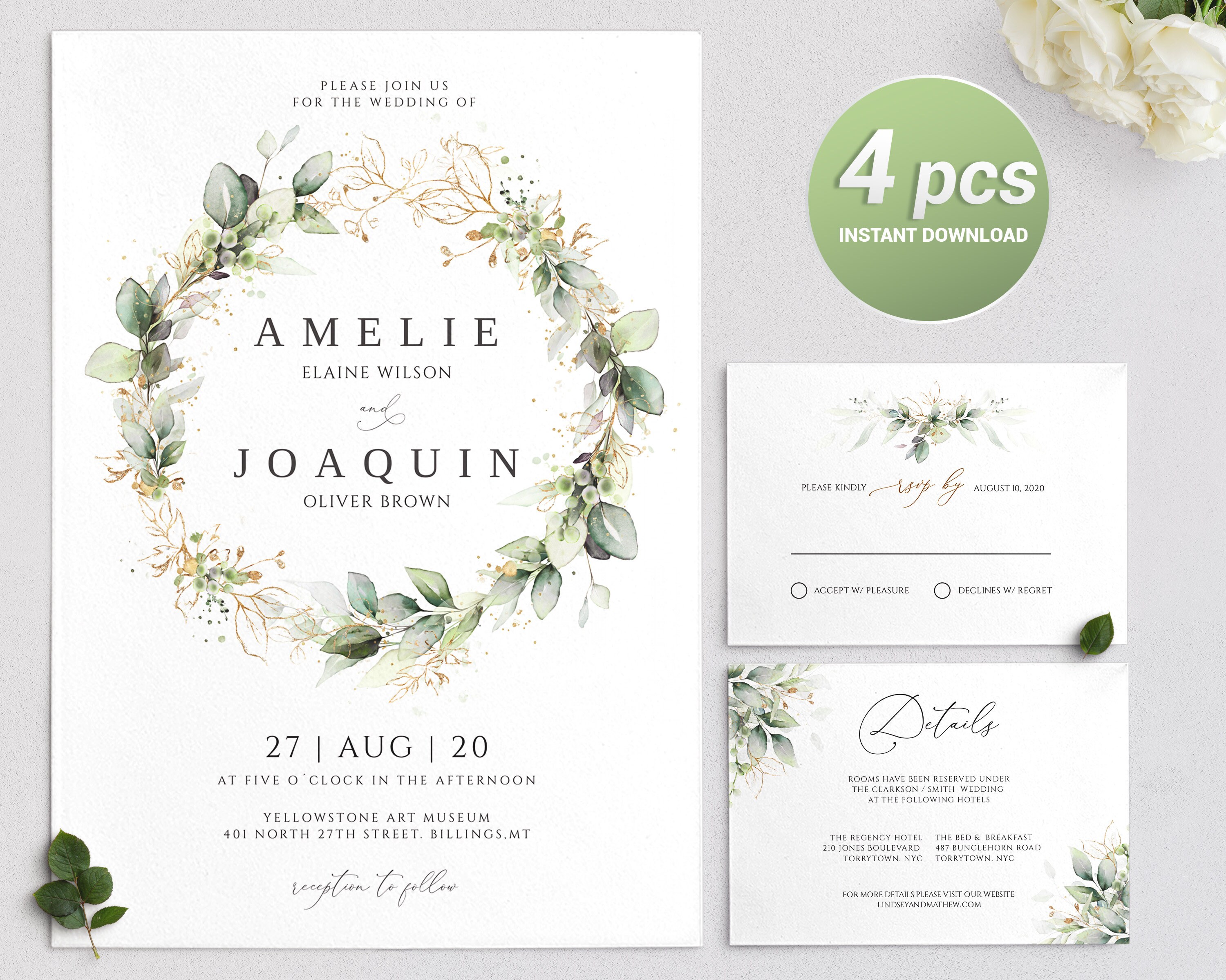 Green Foliage Wedding Eucalyptus GRFOL6 Greenery Wedding Editable Boho Wedding Suite Printable Wedding Invitation Set INSTANT DOWNLOAD