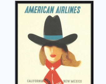 American Airlines Travel Poster / Texas Cowgirl Wall Art / Framed & Ready to Hang