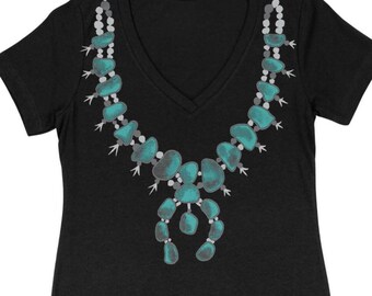 Turquoise Squash Blossom Necklace V-Neck T-Shirt / Black or White / Santa Fe Style