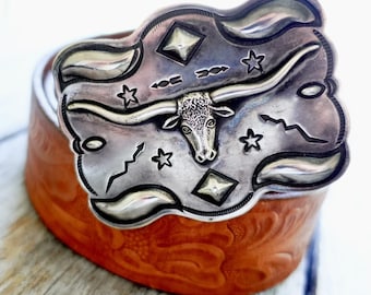 Tom DeWitt Longhorn Buckle & Belt / Sterling Silver Hammered Repousse / Fits 1.5" Belt