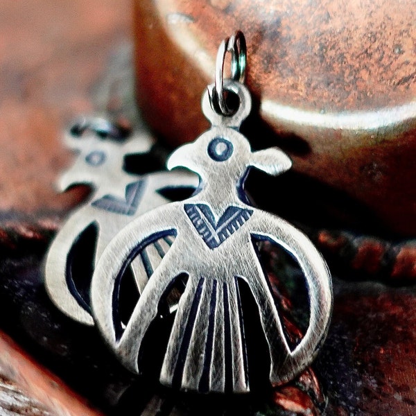 Southwest Thunderbird Charm Pendant / Sterling Silver with Antiqued Finish