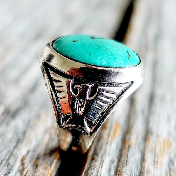 Mens Thunderbird Ring Size 11.5 / Turquoise & Sterling Silver / Bell Trading Post