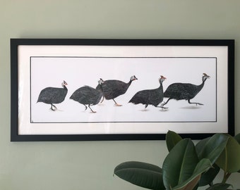 5 Running Guinea Fowl - Print, Hand Painted Framed Print