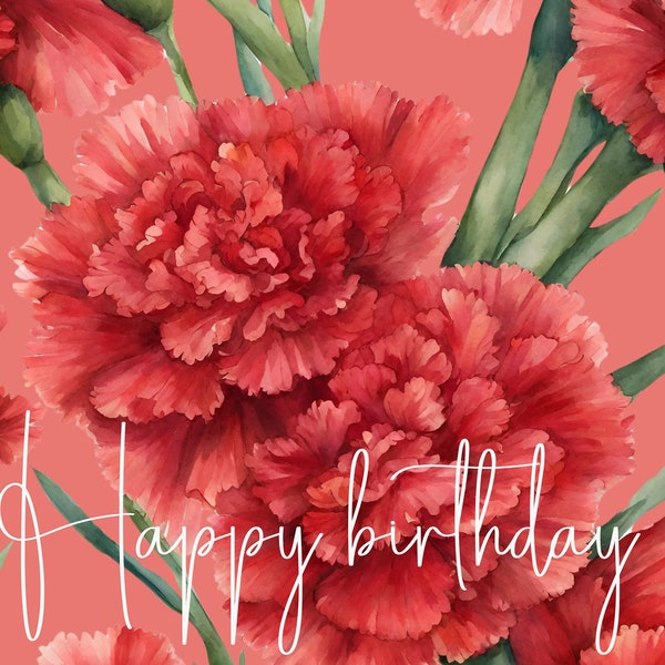 tarjeta digital cumpleaños feliz, flor de nacimiento enero, claveles, flores acuarela, clavel acuarela,cumpleaños nacidos enero,tarjeta flor