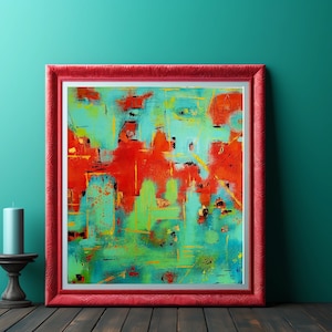 Può includere: Stampa d'arte astratta in una cornice rossa. L'opera presenta un vivace mix di colori, tra cui rosso, turchese e verde, con accenti gialli. Una candela verde acqua è su un portacandele in legno scuro.