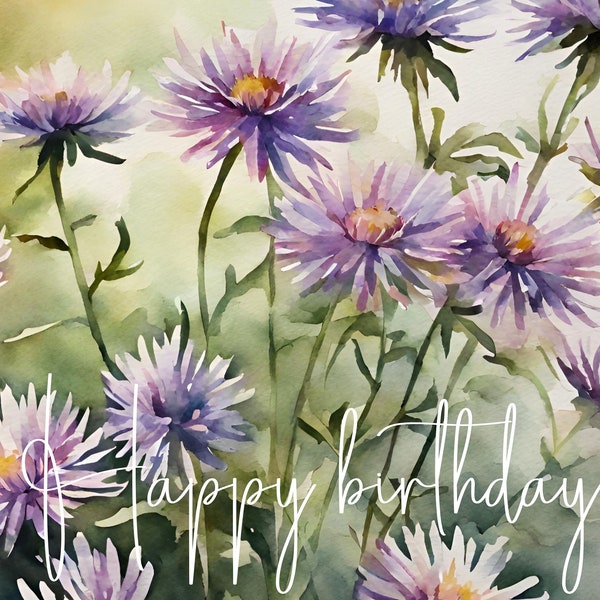 tarjeta cumpleaños, tarjeta digital aster, diseño floral, flor de nacimiento septiembre, felicitar cumpleaños a nacidos en septiembre