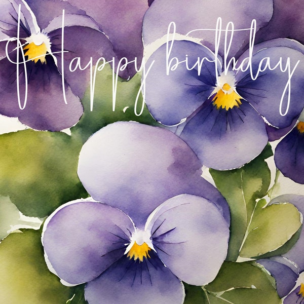 tarjeta feliz cumpleaños, flor de nacimiento febrero, violetas, flores acuarela, tarjeta digital descarga, 2 formatos, cumpleaños febrero